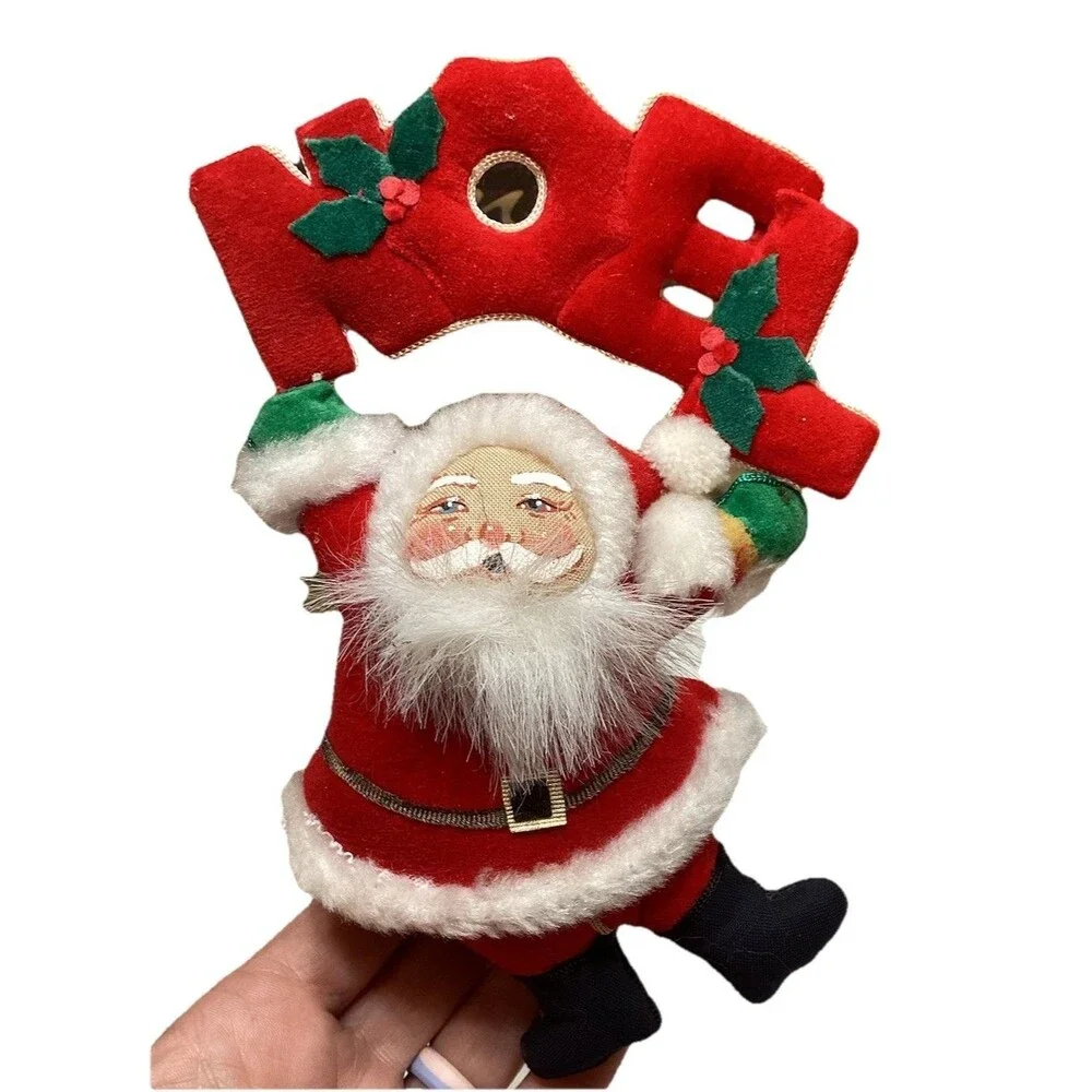 Vtg Santa Claus Red Velvet Plush Fur Xmas Hanging Tree Ornament W/ Noel Sign